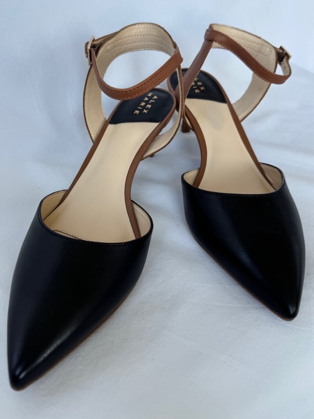 Alex Marie Everly Leather Pointed Toe Kitten Heels 7.5M Black Brown Ankle Strap